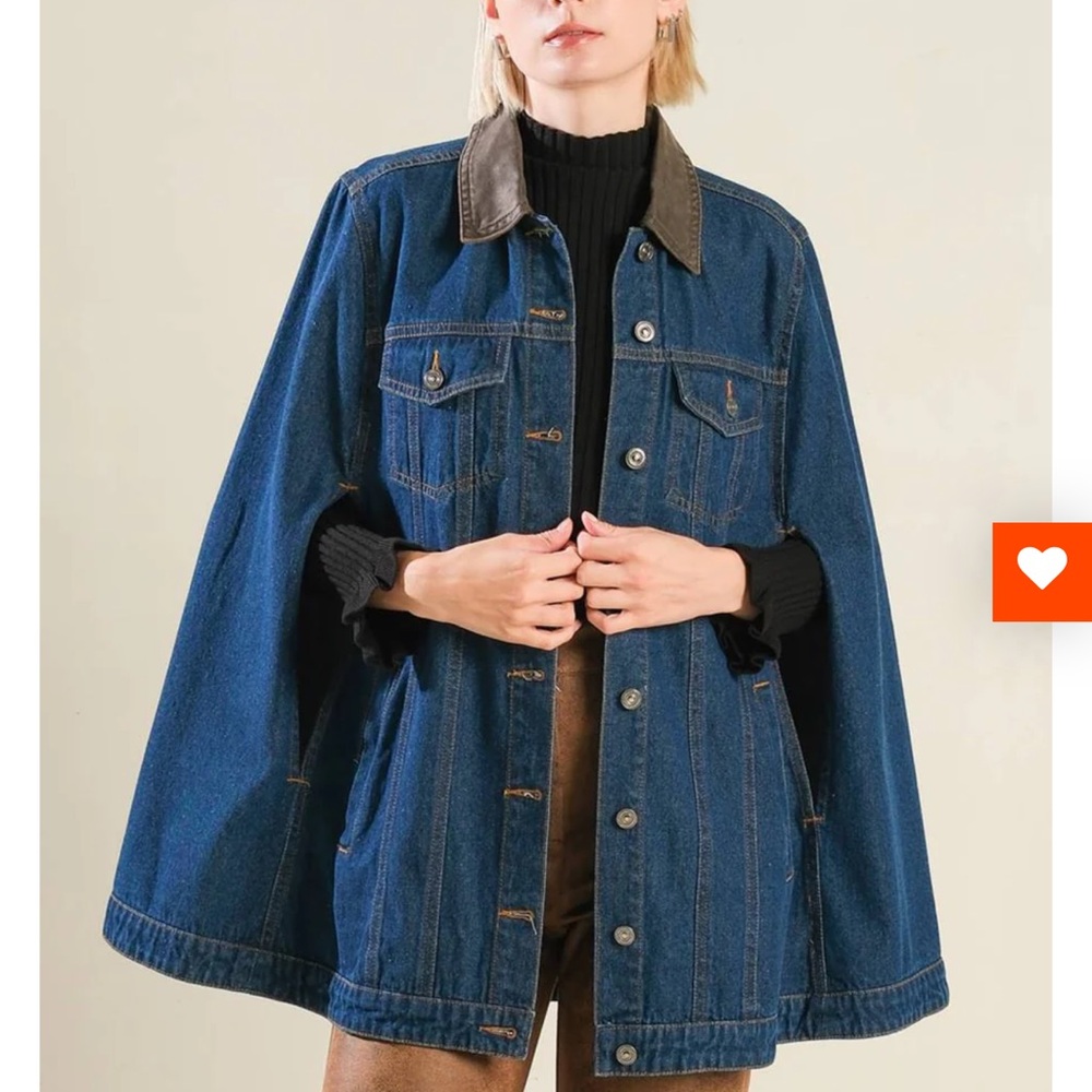 Elegant Blue Denim Cape with Brown Collar